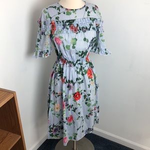 H&M blue pinstripe floral dress cinch waist